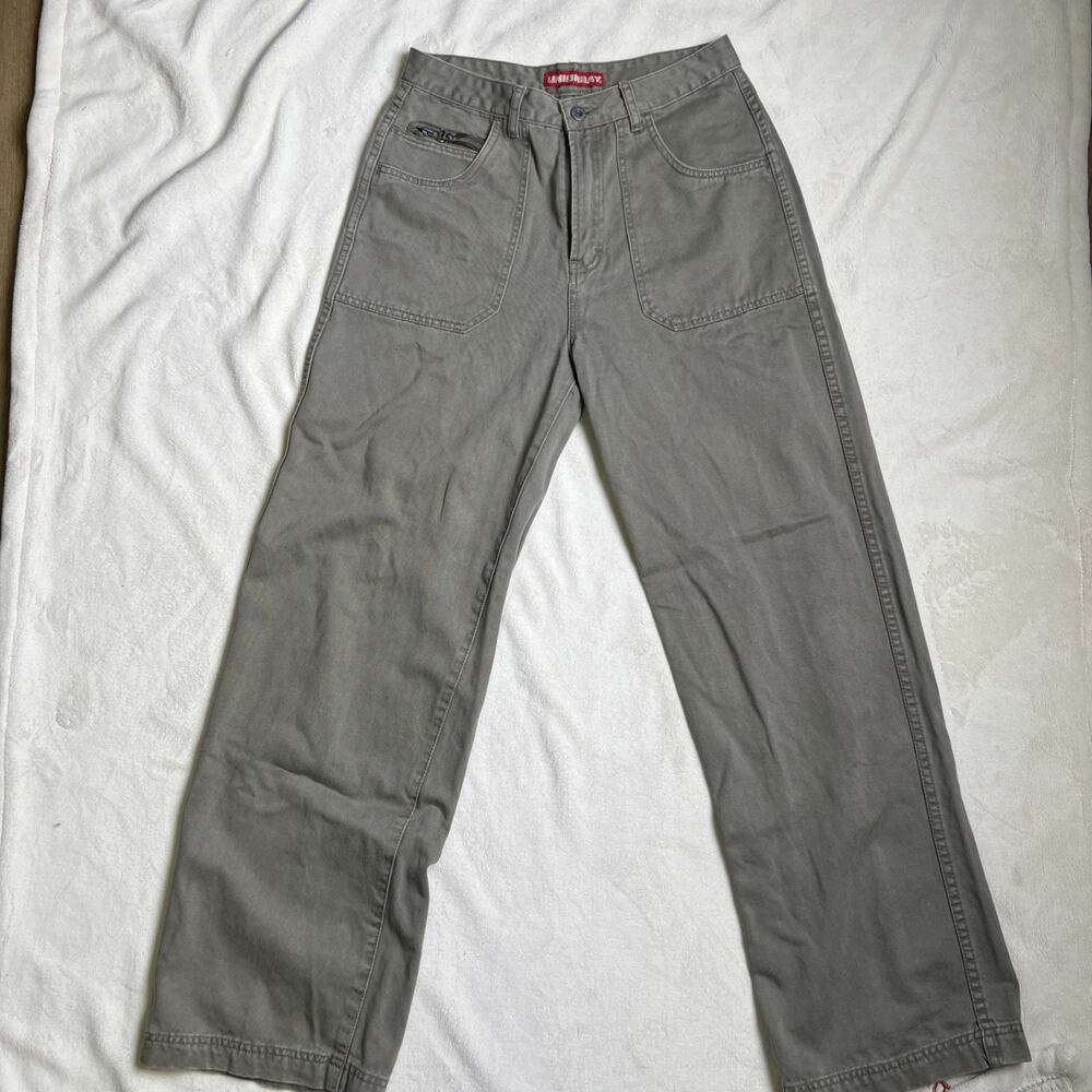 Union Bay women Khaki Cargo Pants, Wide Leg, Gray Green, size 9, Back Buckle Y2